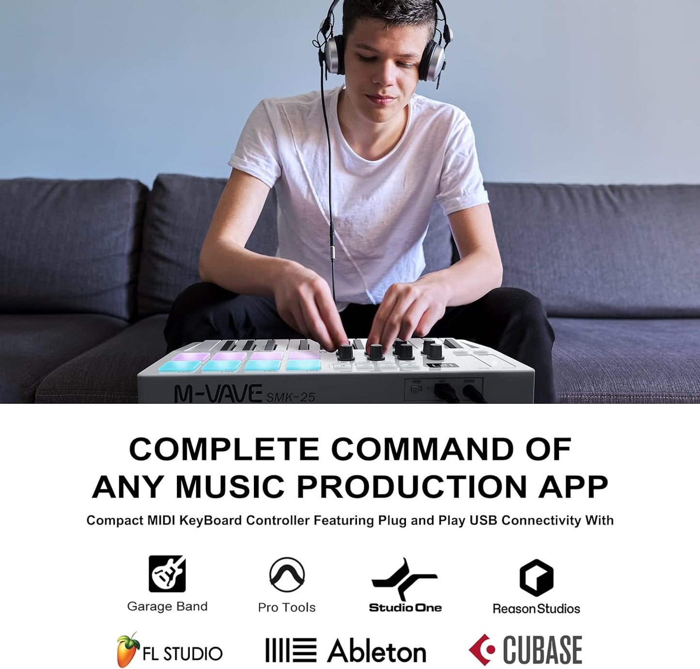 M-WAVE MIDI Keyboard - 25 Velocity Sensitive Keys, 8 RGB Backlit Pads, 8 Knobs, USB Connected Piano