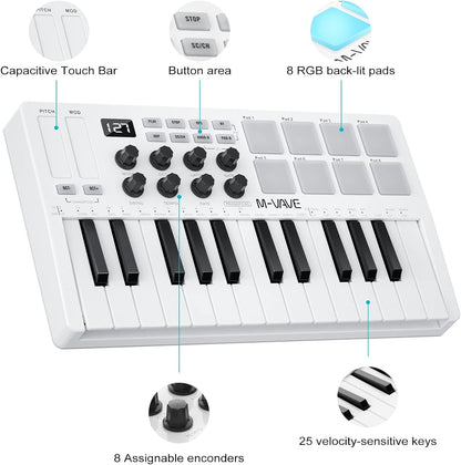 M-WAVE MIDI Keyboard - 25 Velocity Sensitive Keys, 8 RGB Backlit Pads, 8 Knobs, USB Connected, Software Included