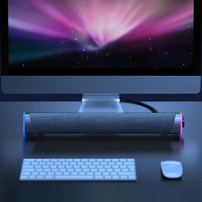 AuraSync 360° Surround Sound Bar: Dual-Speaker Stereo with Deep Bass, Bluetooth 5.0 & AUX, Universal Compatibility - Elegant Cloth Design with LED Lights